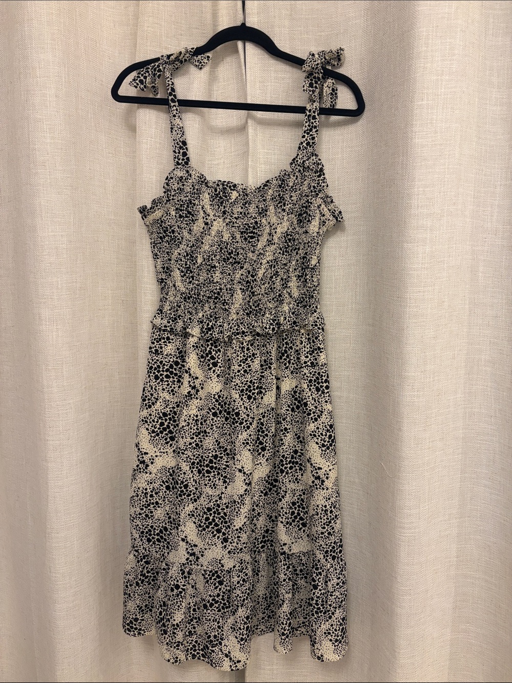Tie-Shoulder Smocked Midi Dress in Black and Cream